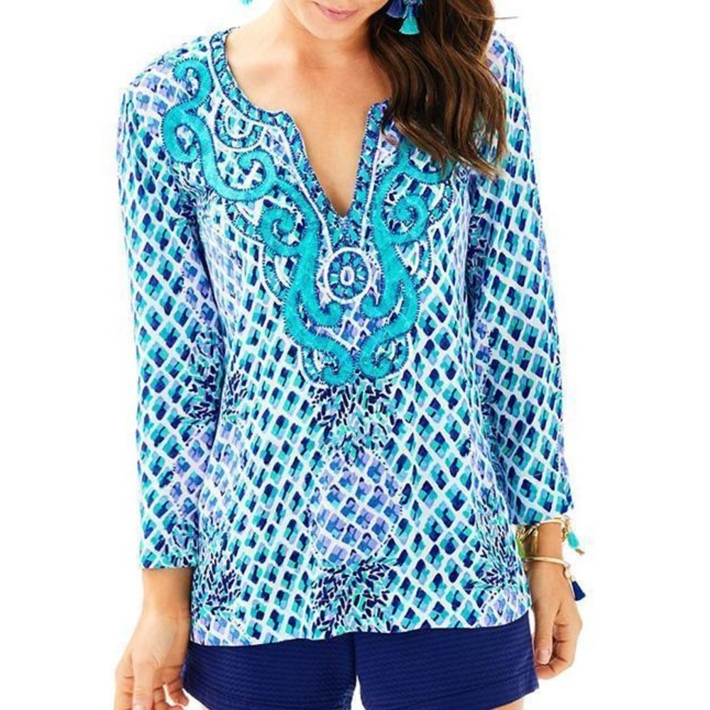 LILLY PULITZER AMELIA ISLAND TUNIC Size XS Preppy Bedazzled Vacation Resort